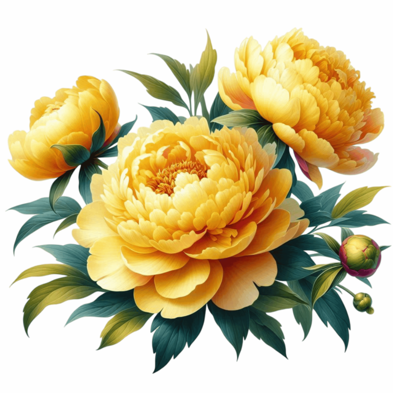 Yellow Peony Flowers Green Leaves Vinyl Sticker Decal