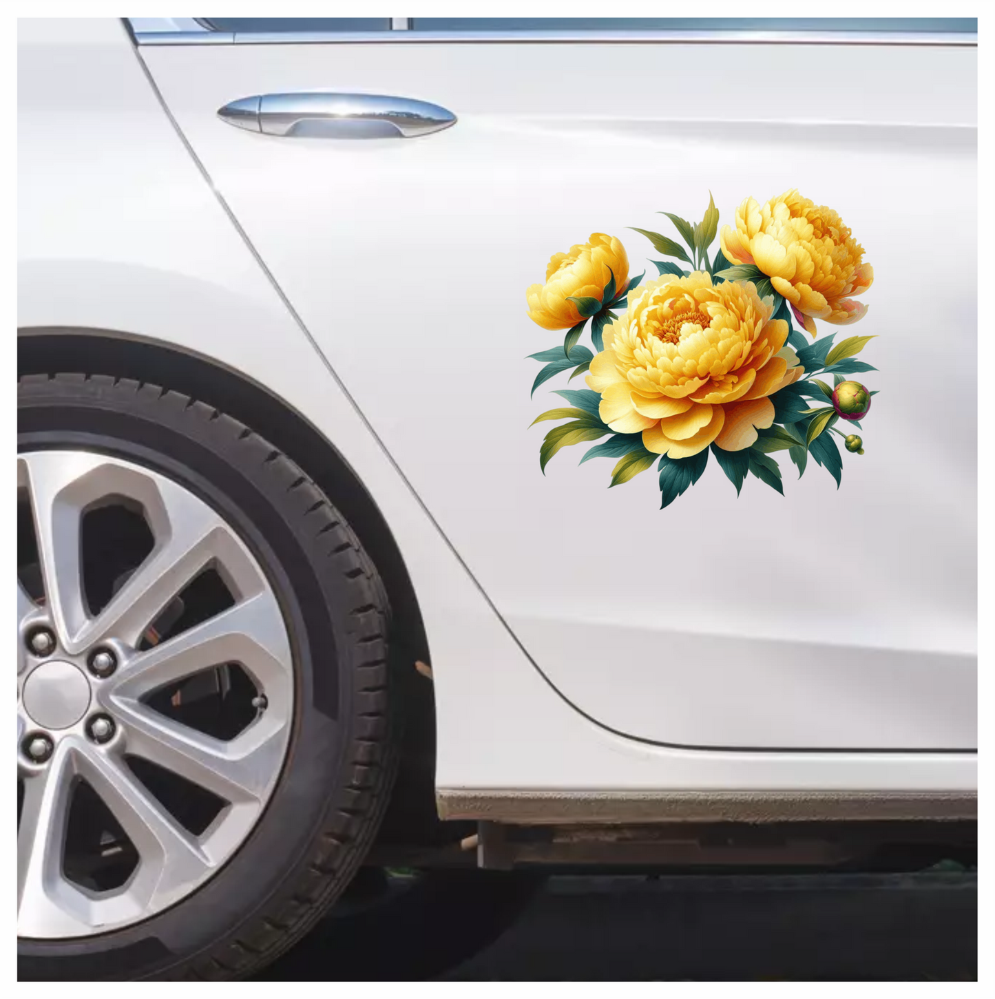 Yellow Peony Flowers Green Leaves Vinyl Sticker Decal