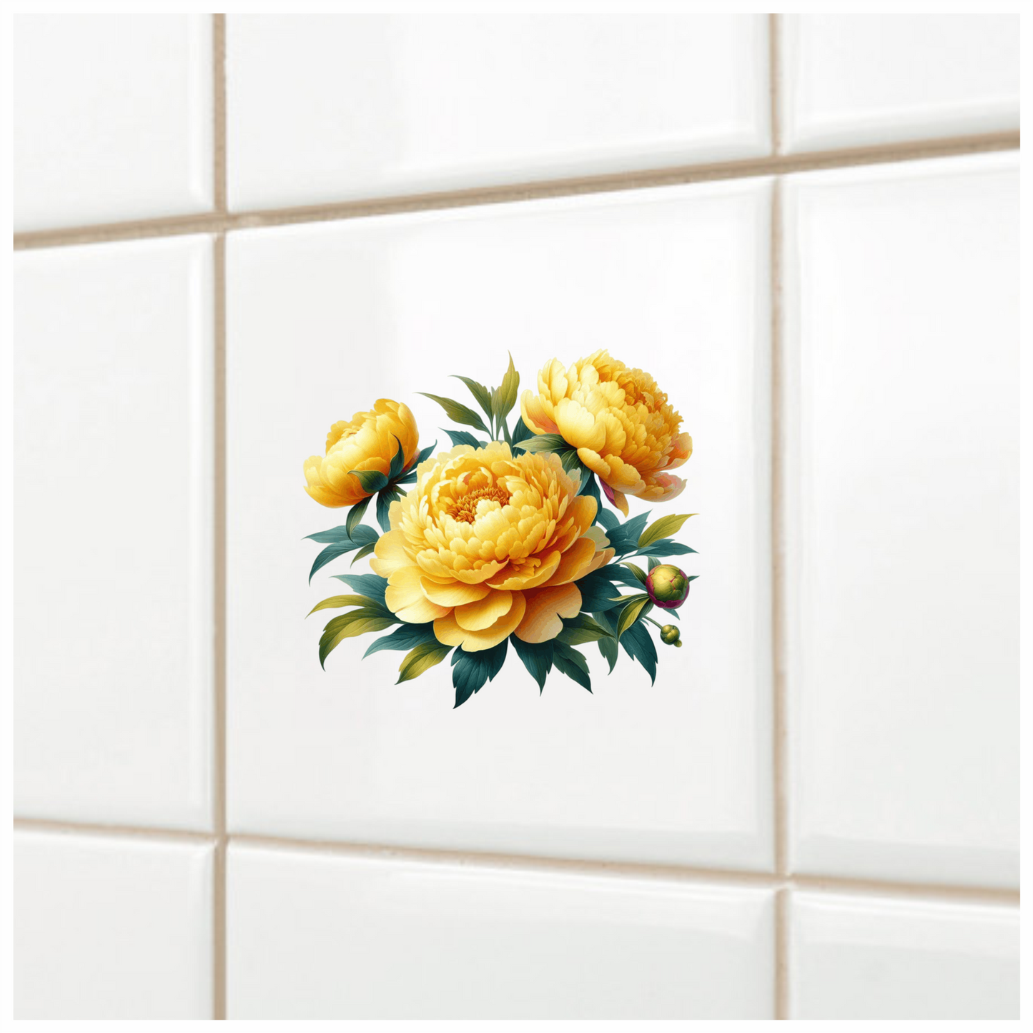 Yellow Peony Flowers Green Leaves Vinyl Sticker Decal