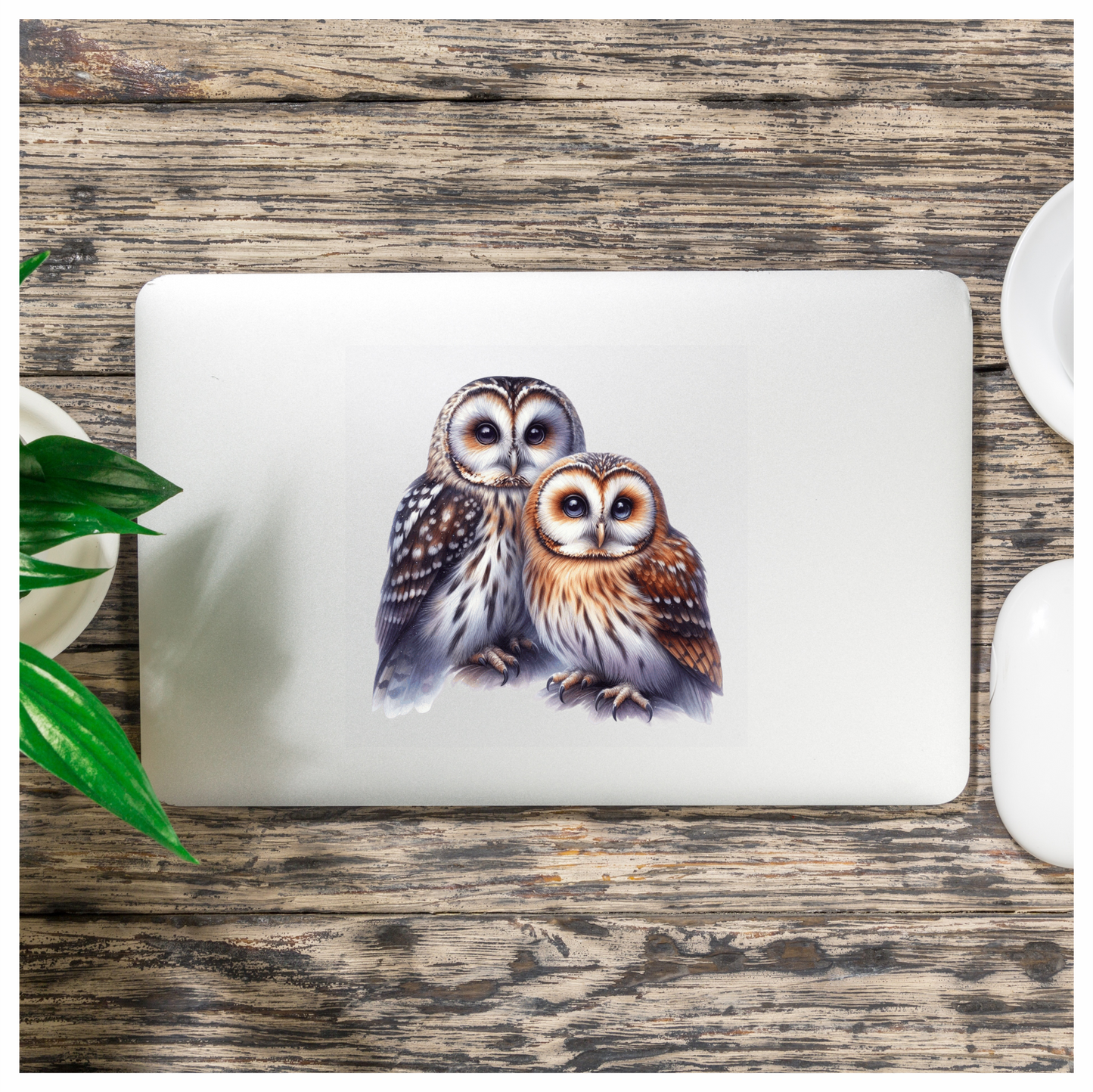 Brown Owl White Owl Together Pair Vinyl Sticker Decal