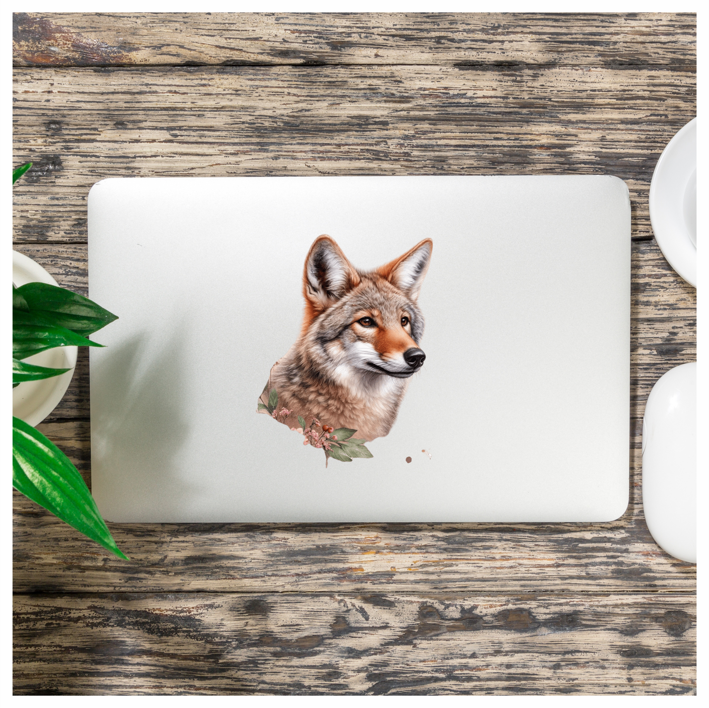 Brown Coyote Realistic Head Floral Vinyl Sticker Decal