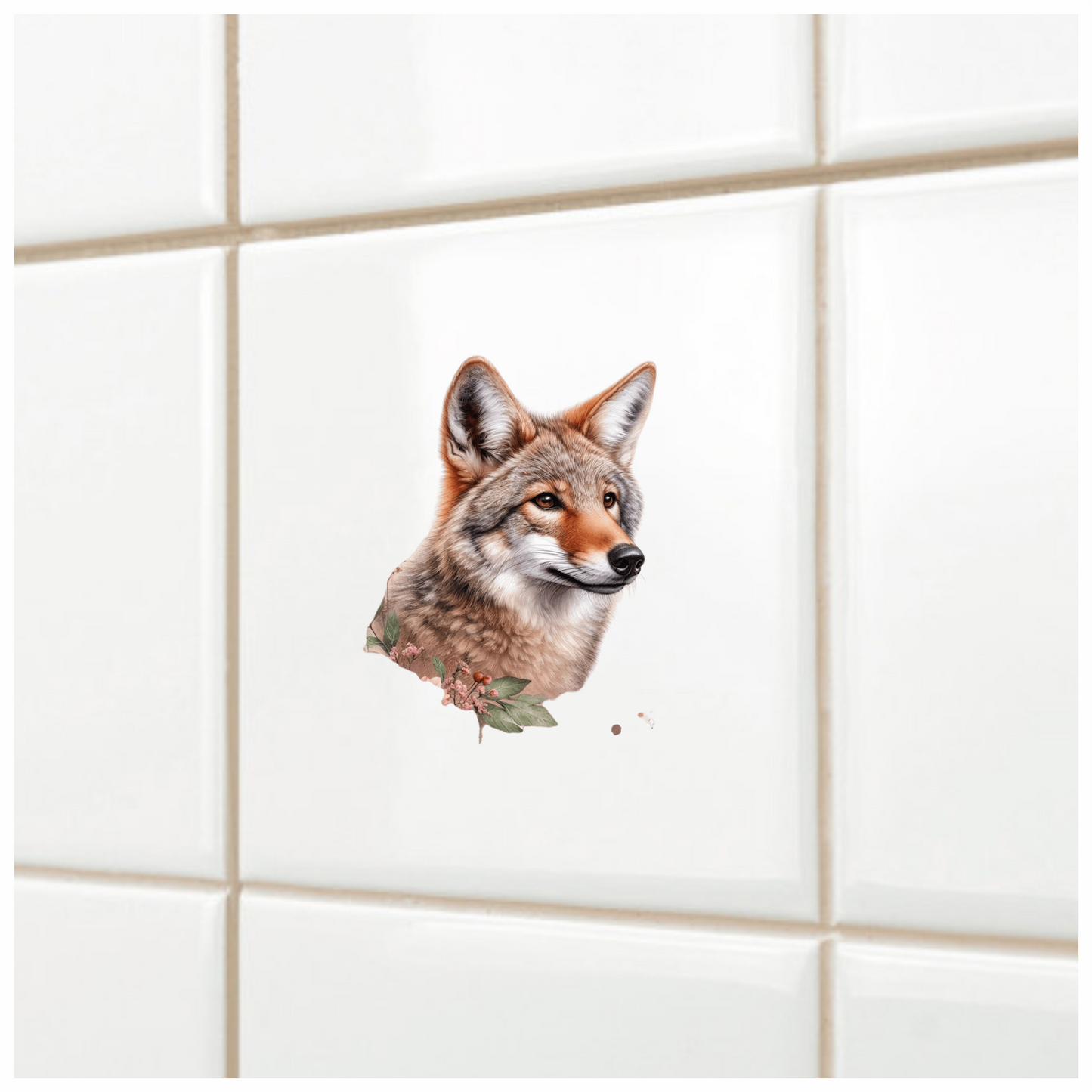Brown Coyote Realistic Head Floral Vinyl Sticker Decal