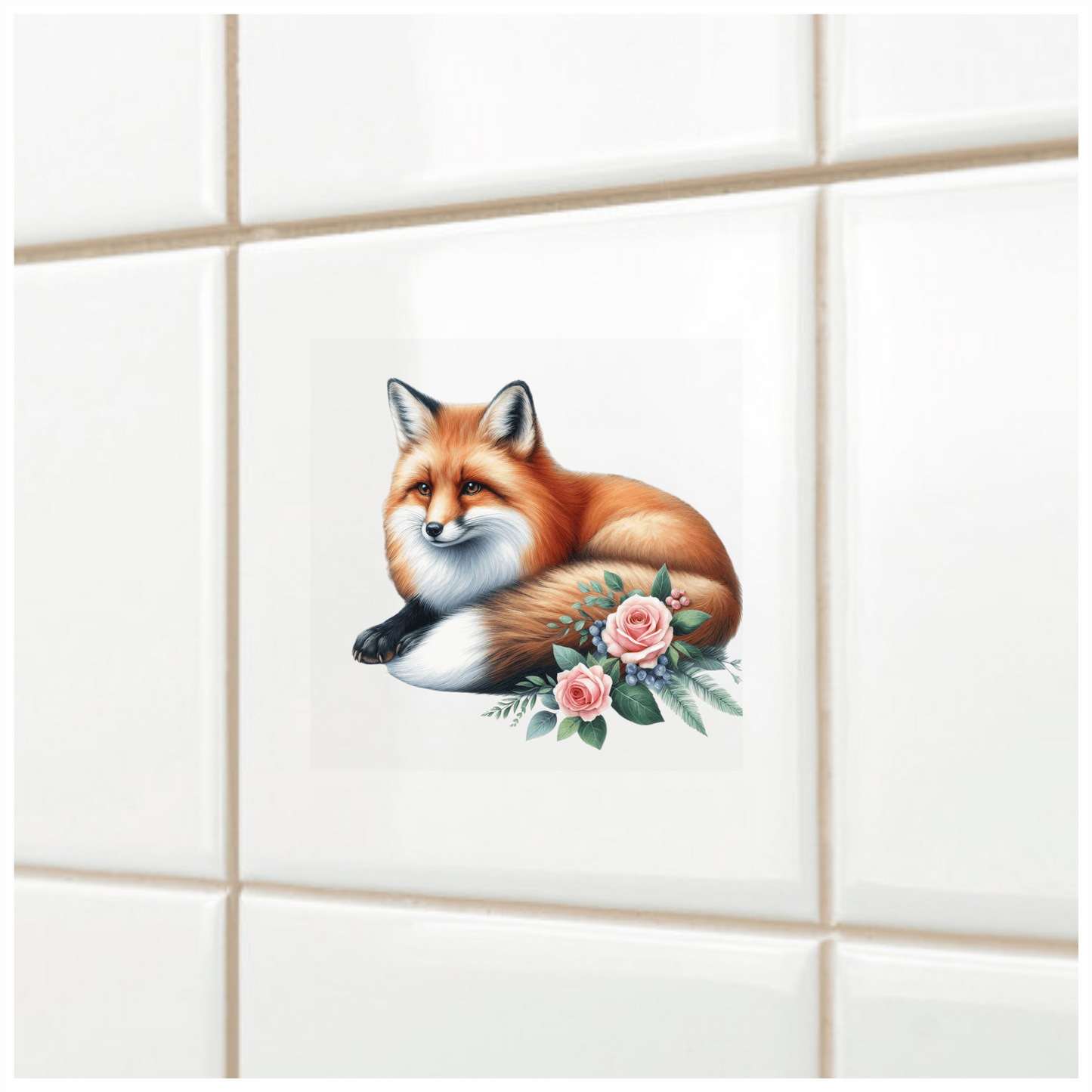 Orange Fox Lying Roses Flowers Vinyl Sticker Decal