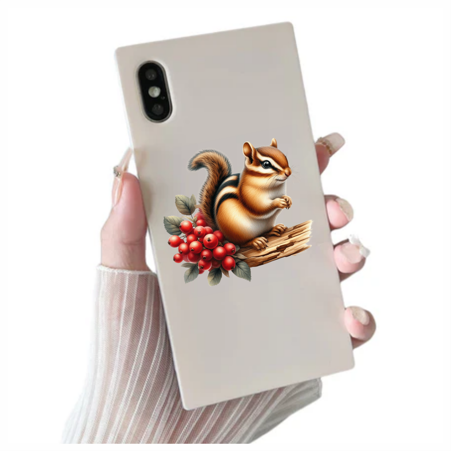 Chipmunk Red Berries Tree Log Brown Vinyl Sticker Decal