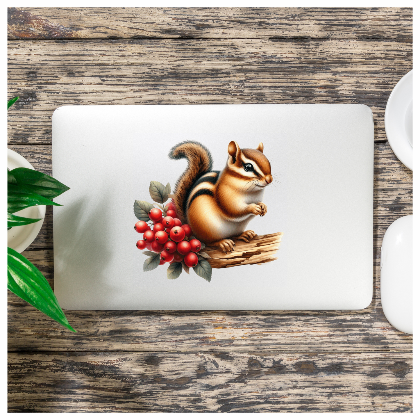 Chipmunk Red Berries Tree Log Brown Vinyl Sticker Decal