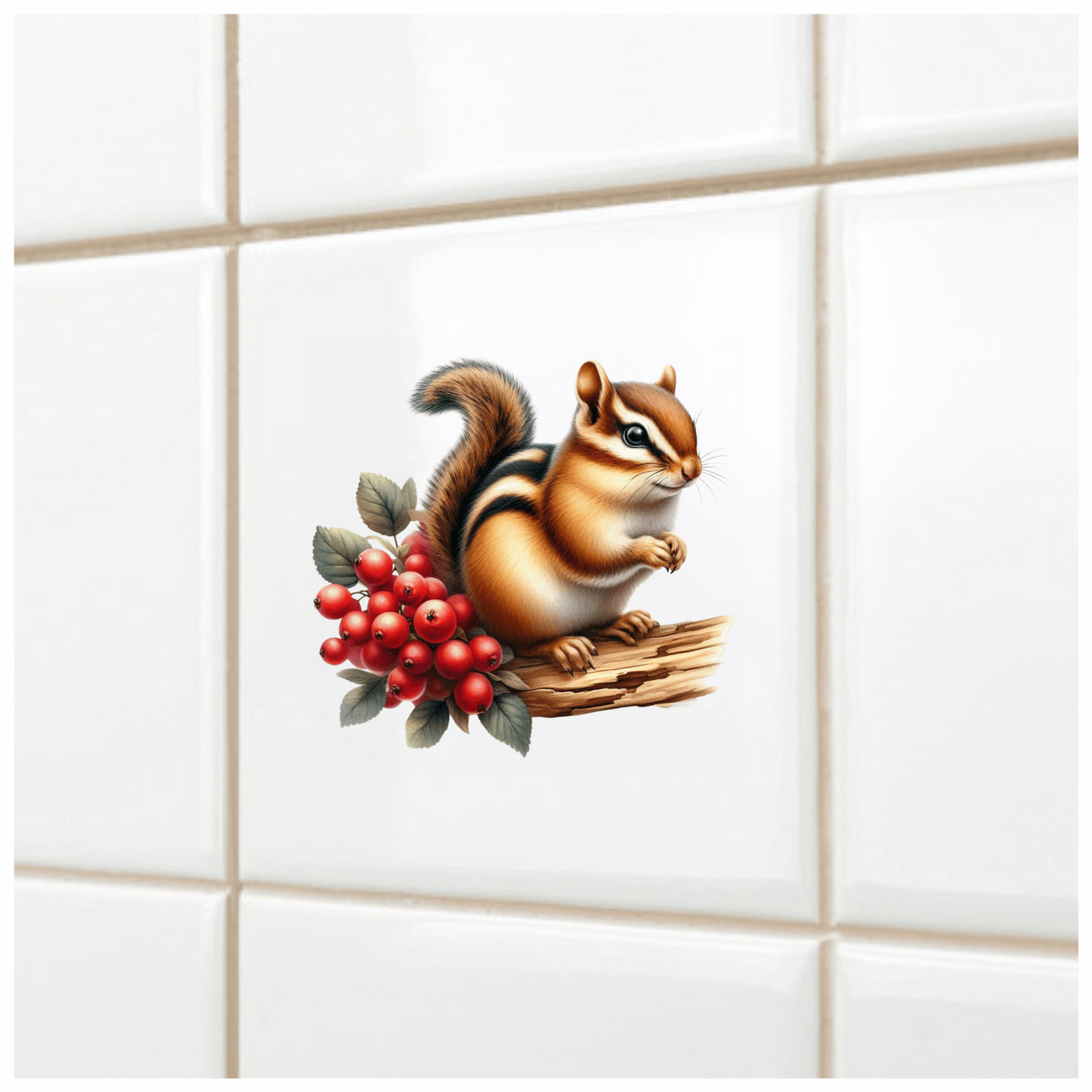 Chipmunk Red Berries Tree Log Brown Vinyl Sticker Decal