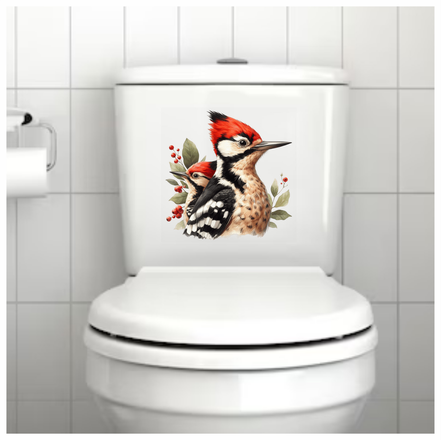 Red Woodpecker Bird Leaves Berries Vinyl Sticker Decal