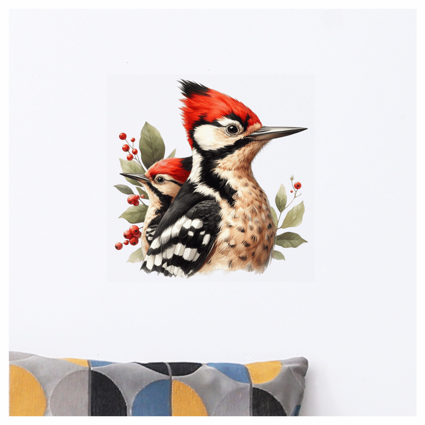 Red Woodpecker Bird Leaves Berries Vinyl Sticker Decal