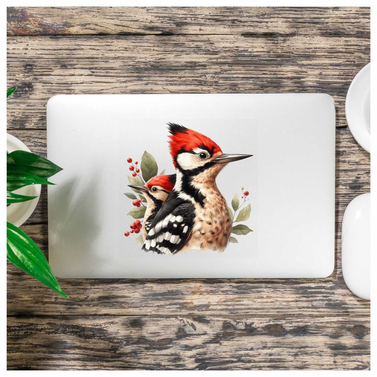 Red Woodpecker Bird Leaves Berries Vinyl Sticker Decal