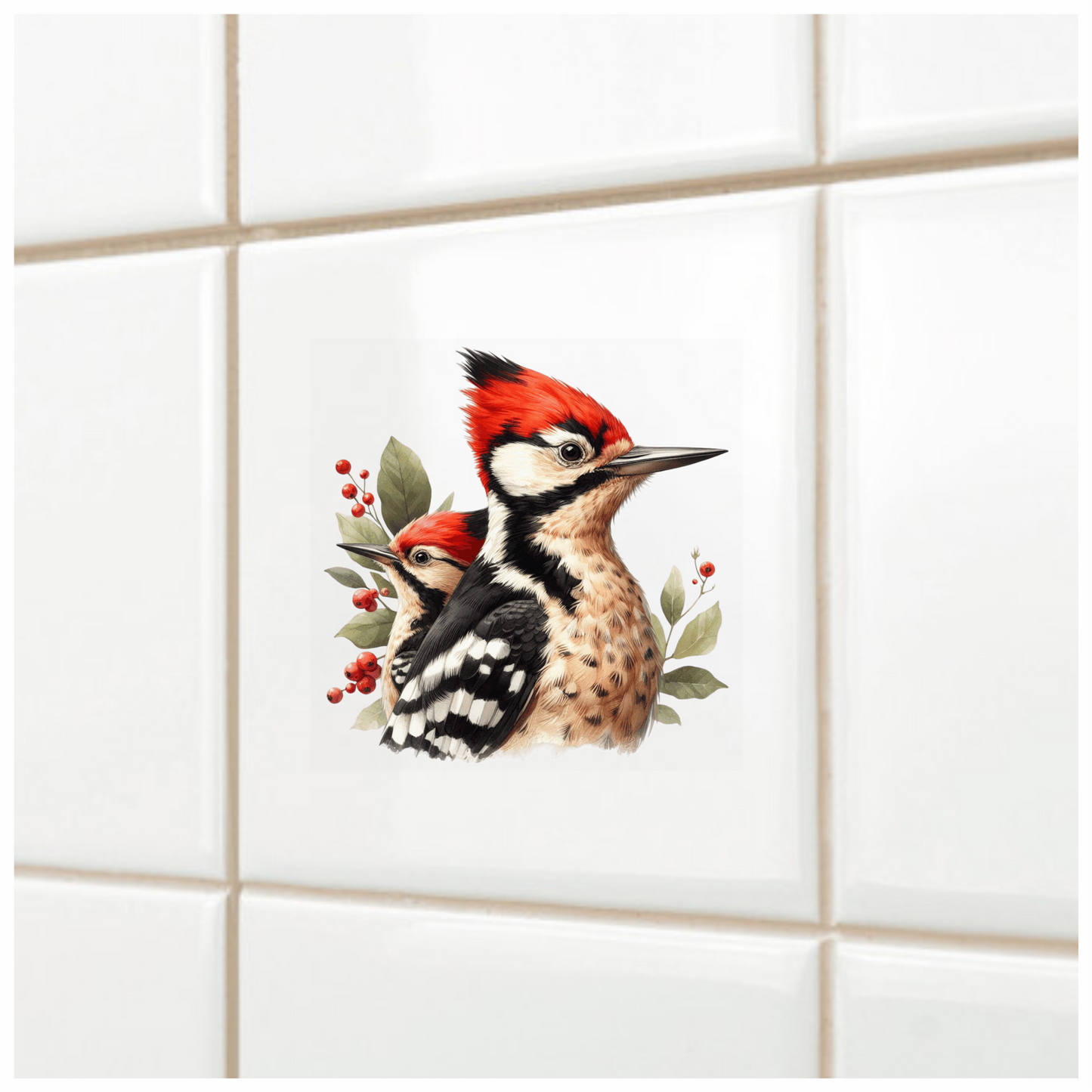 Red Woodpecker Bird Leaves Berries Vinyl Sticker Decal