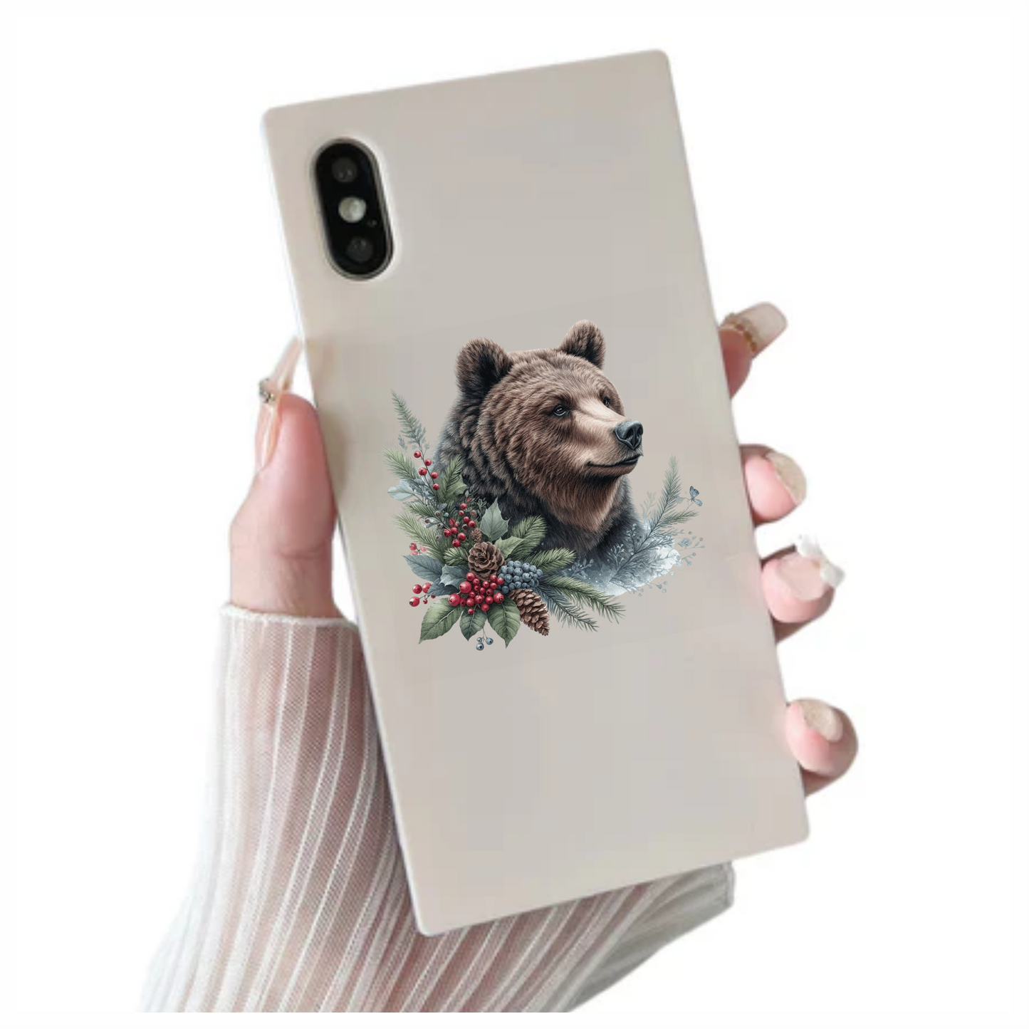 Brown Bear Pinecones Greenery Winter Vinyl Sticker Decal