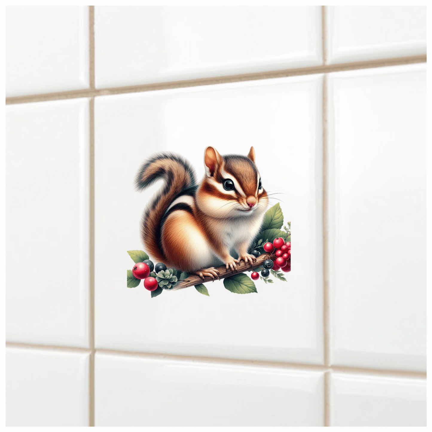Brown Chipmunk Branch Berries Green Vinyl Sticker Decal