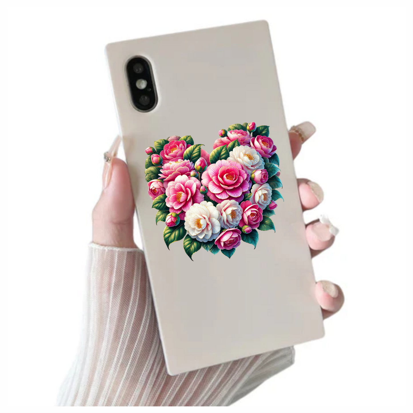 Pink Flowers Green Leaves Heart Shape Vinyl Sticker Decal