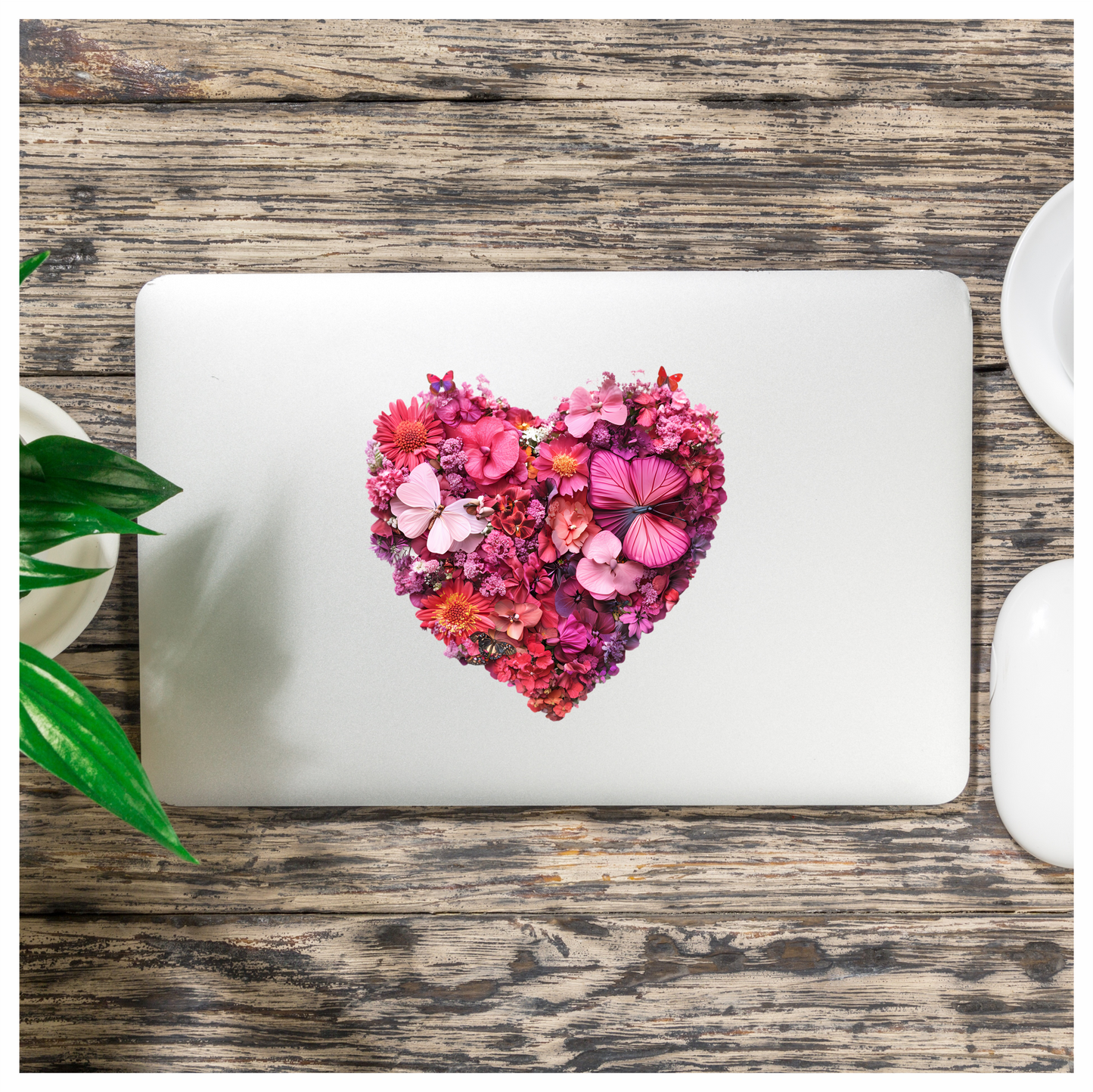 Pink Flowers Butterflies Heart Shape Nature Vinyl Sticker Decal