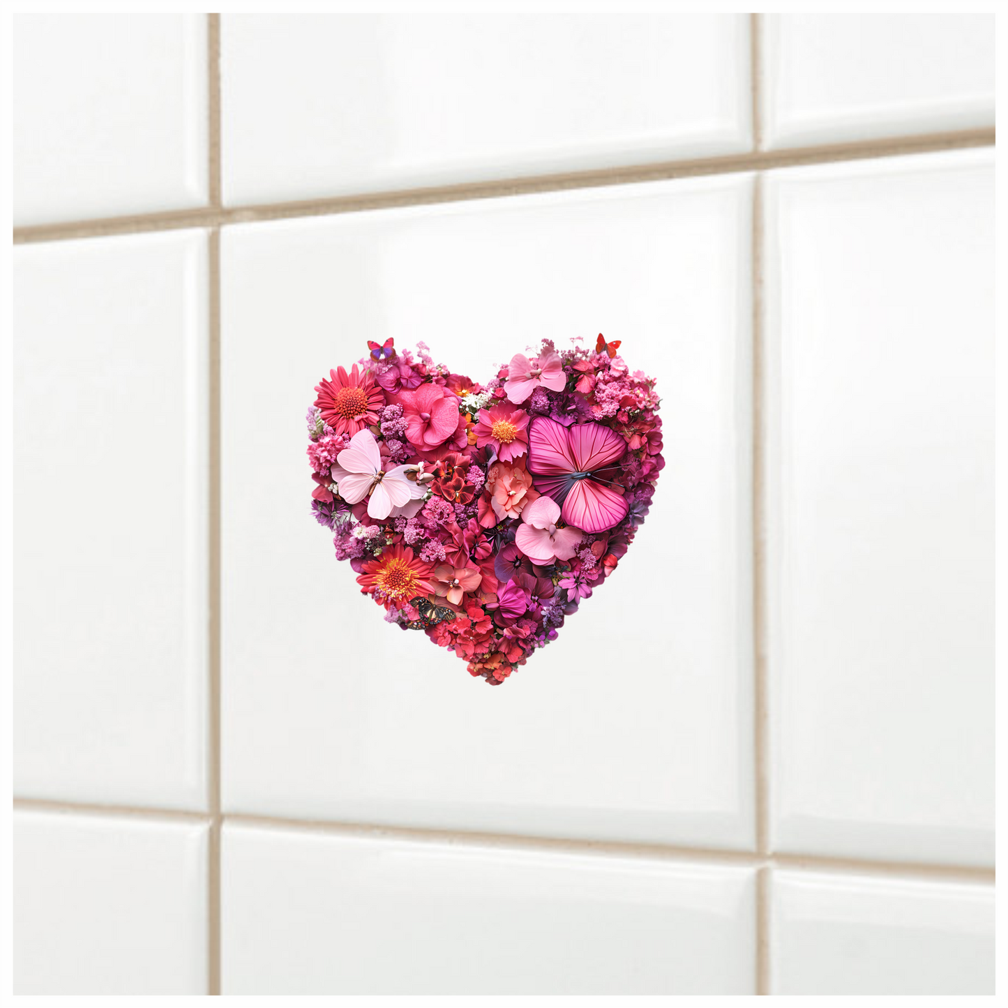 Pink Flowers Butterflies Heart Shape Nature Vinyl Sticker Decal