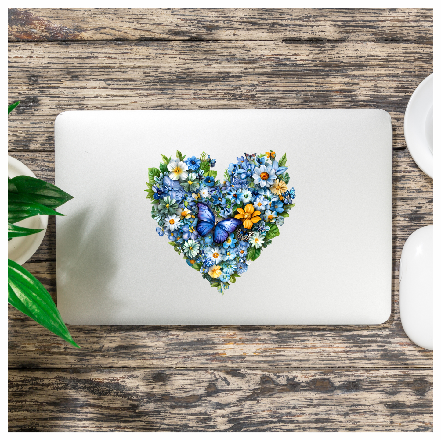 Blue Flowers Butterfly Heart Nature Vinyl Sticker Decal