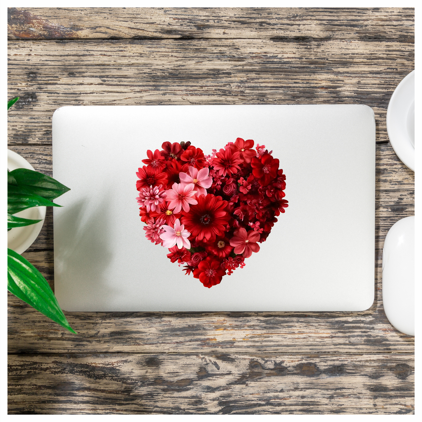 Red Flowers Heart Shape Floral Design Vinyl Sticker Decal