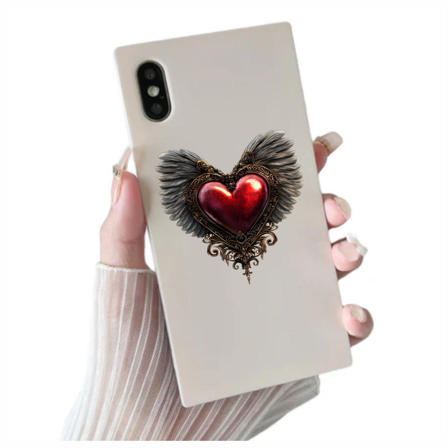 Red Heart Wings Ornate Gold Feather Vinyl Sticker Decal