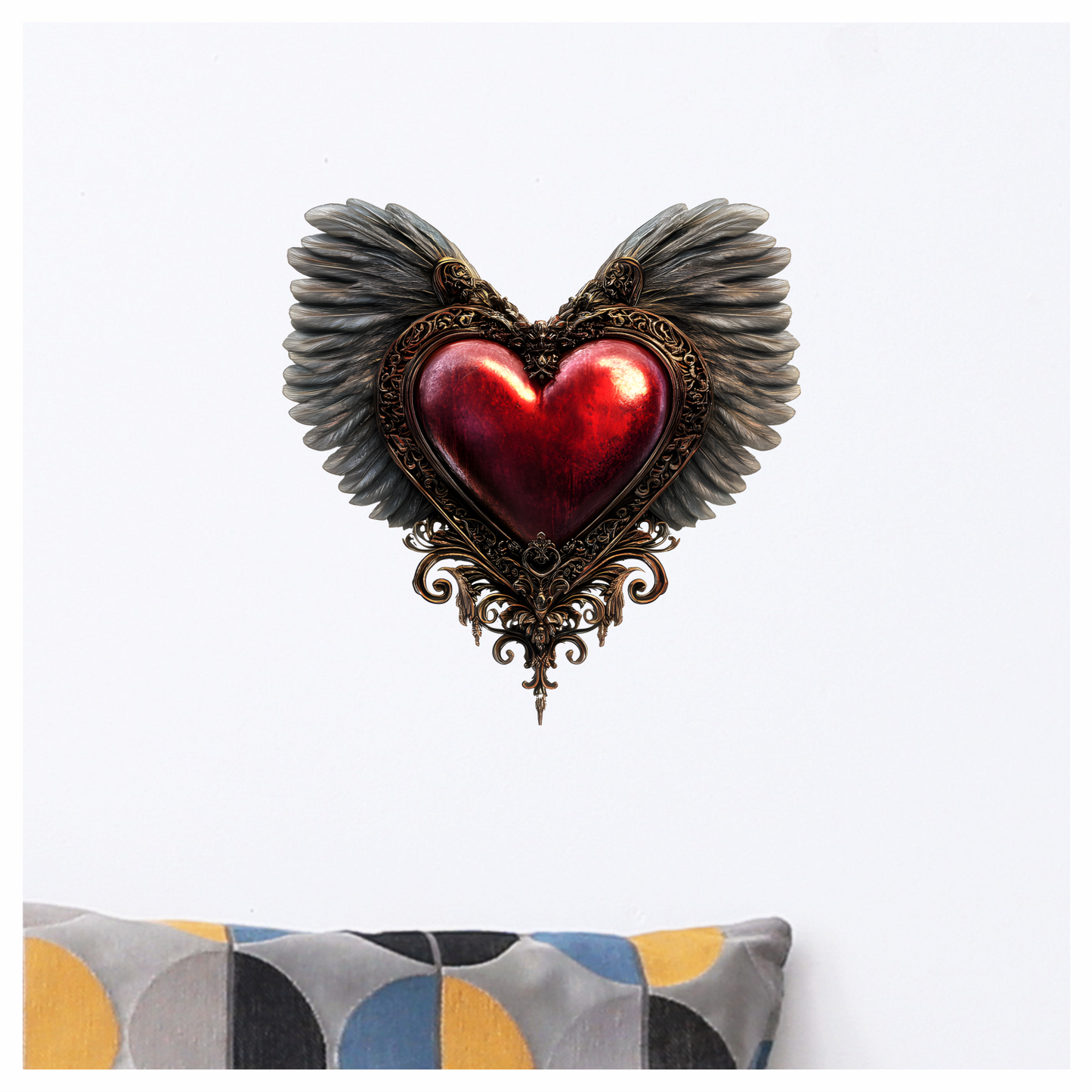 Red Heart Wings Ornate Gold Feather Vinyl Sticker Decal