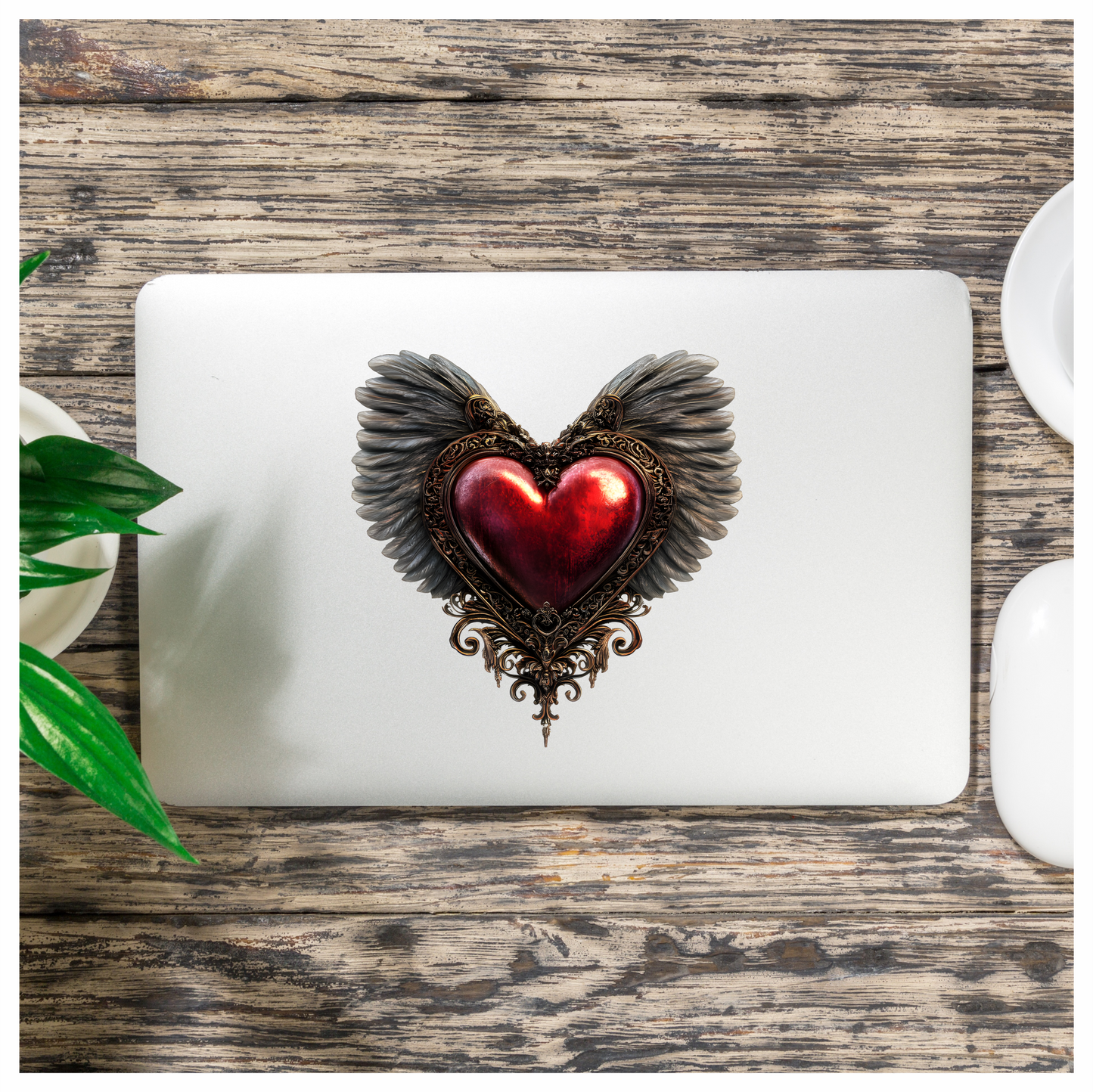 Red Heart Wings Ornate Gold Feather Vinyl Sticker Decal