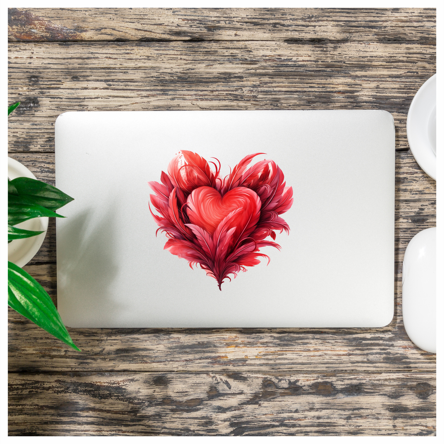 Red Heart Feathers Swirl Elegant Vinyl Sticker Decal