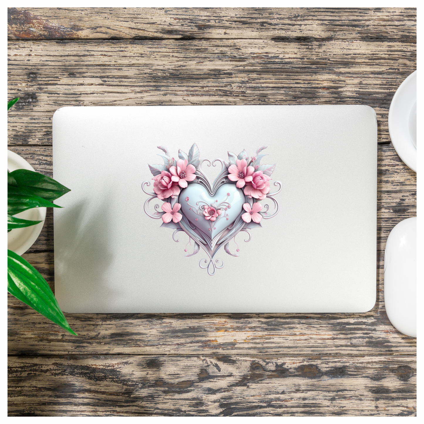 Pink Heart Flowers Swirls Glossy Vinyl Sticker Decal