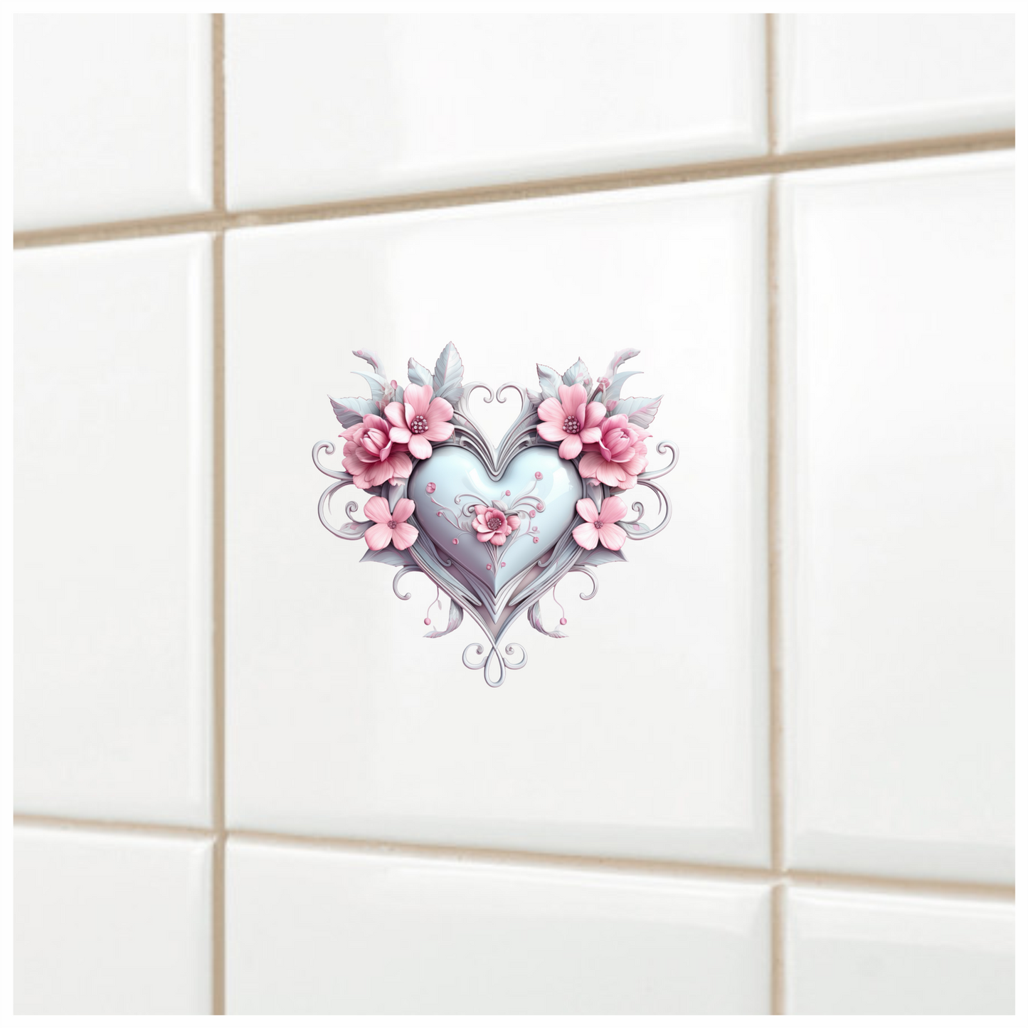 Pink Heart Flowers Swirls Glossy Vinyl Sticker Decal