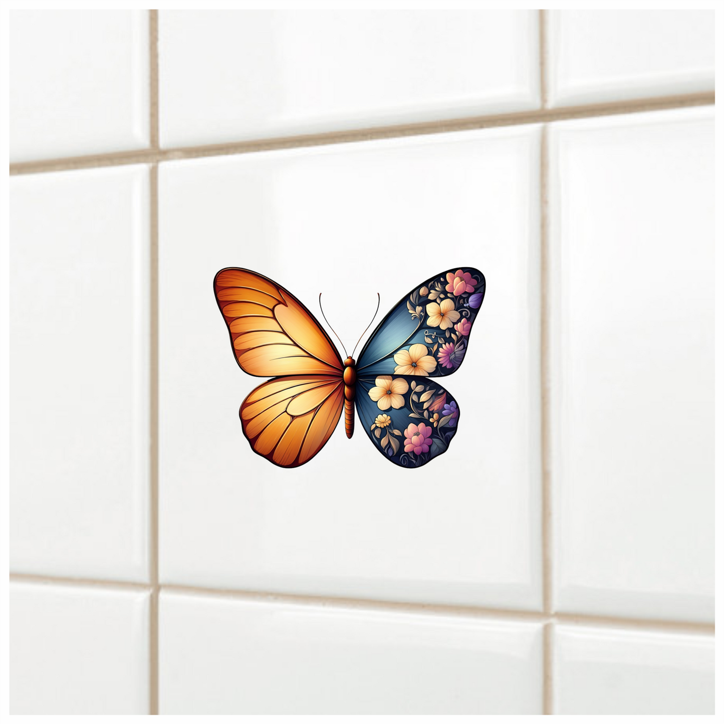 Orange Butterfly Floral Blue Vinyl Sticker Decal