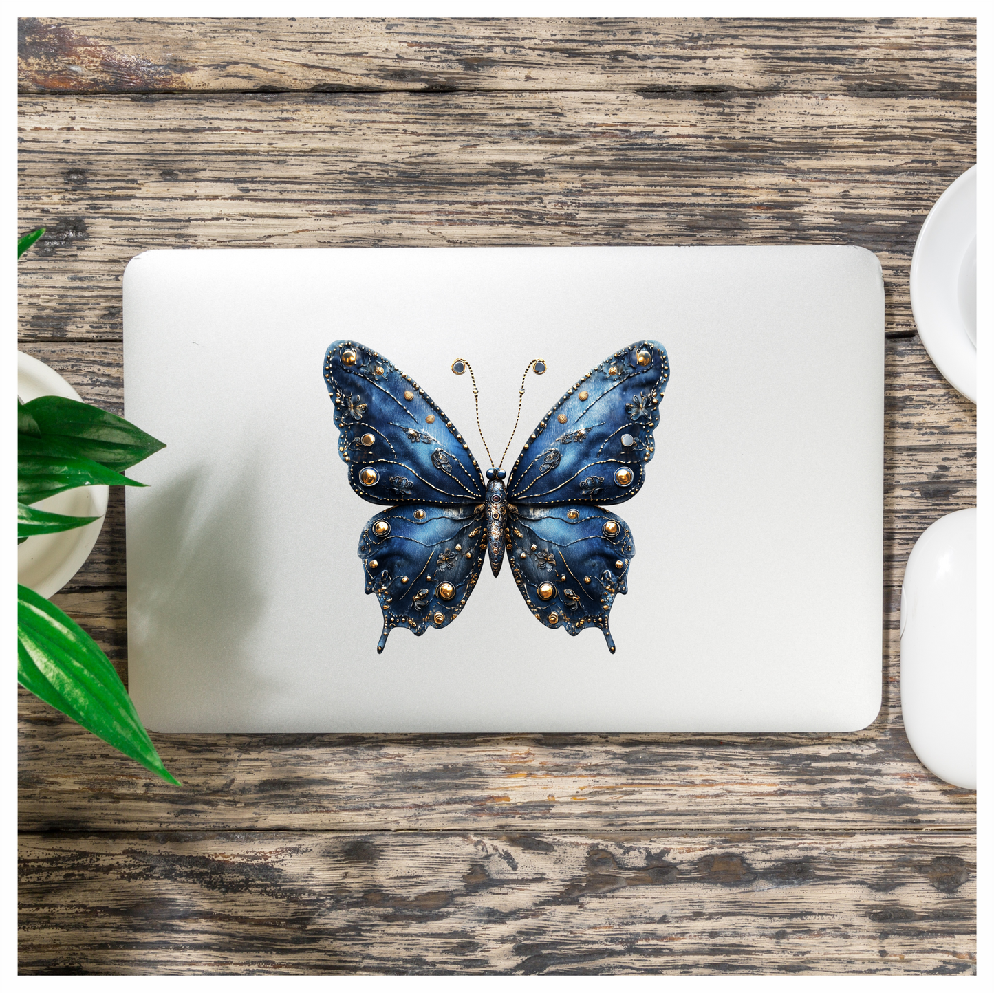Blue Butterfly Metal Design Floral Vinyl Sticker Decal