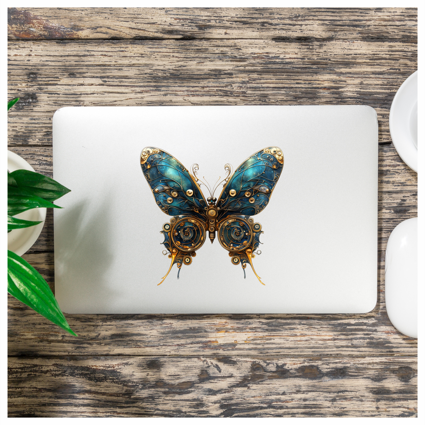 Blue Butterfly Steampunk Gear Design Vinyl Sticker Decal