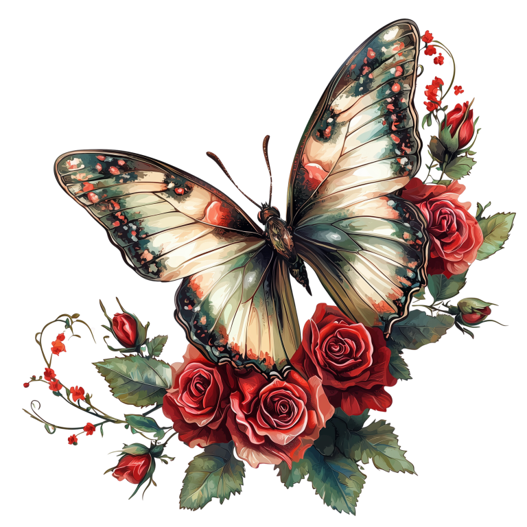 Butterfly Red Roses Green Leaves Vinyl Sticker Decal
