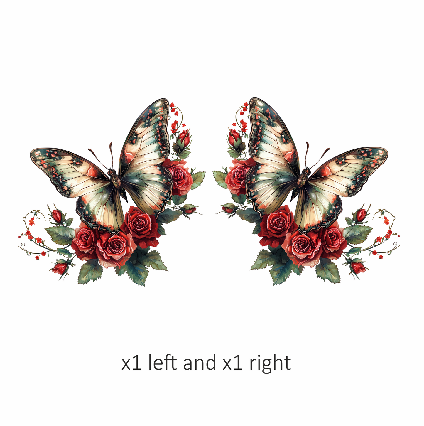 Butterfly Red Roses Green Leaves Vinyl Sticker Decal