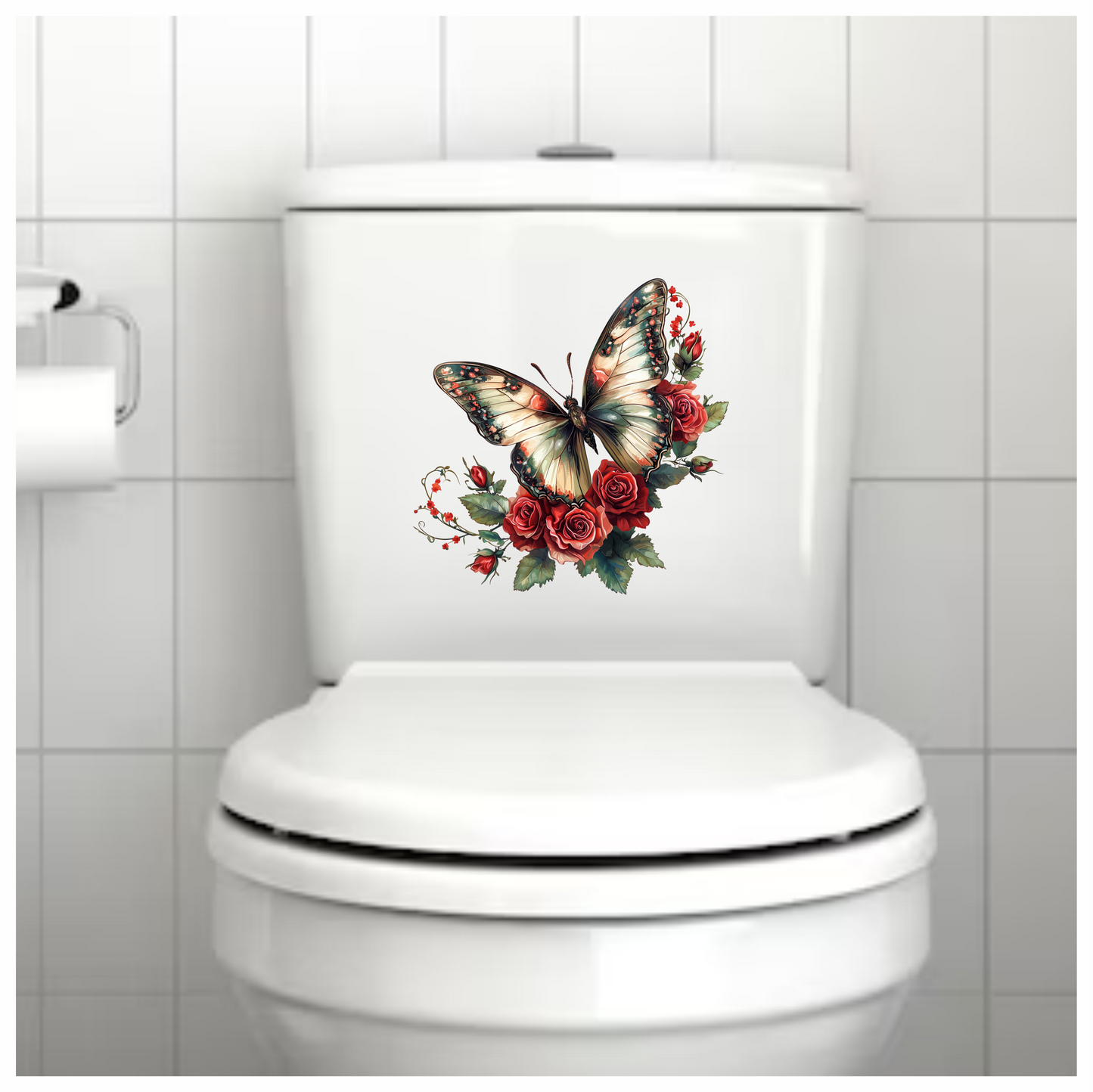 Butterfly Red Roses Green Leaves Vinyl Sticker Decal