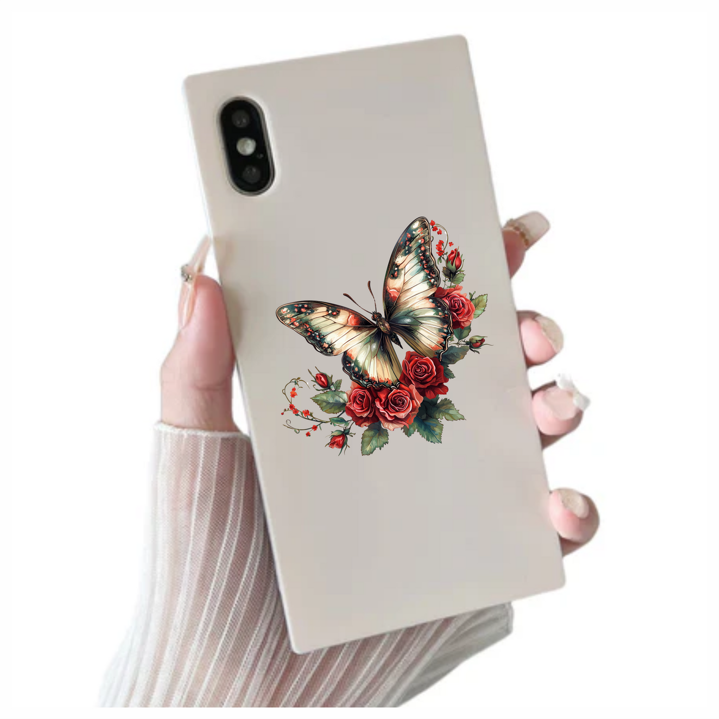 Butterfly Red Roses Green Leaves Vinyl Sticker Decal
