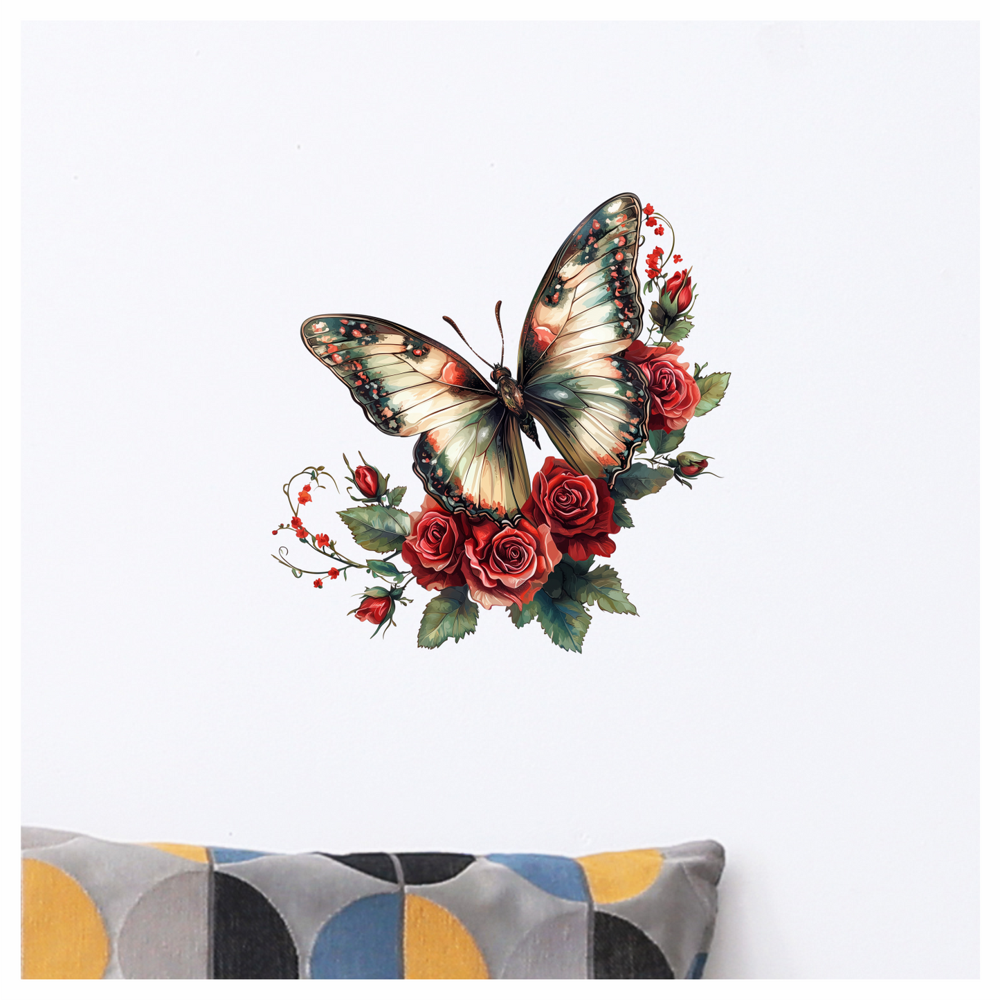 Butterfly Red Roses Green Leaves Vinyl Sticker Decal
