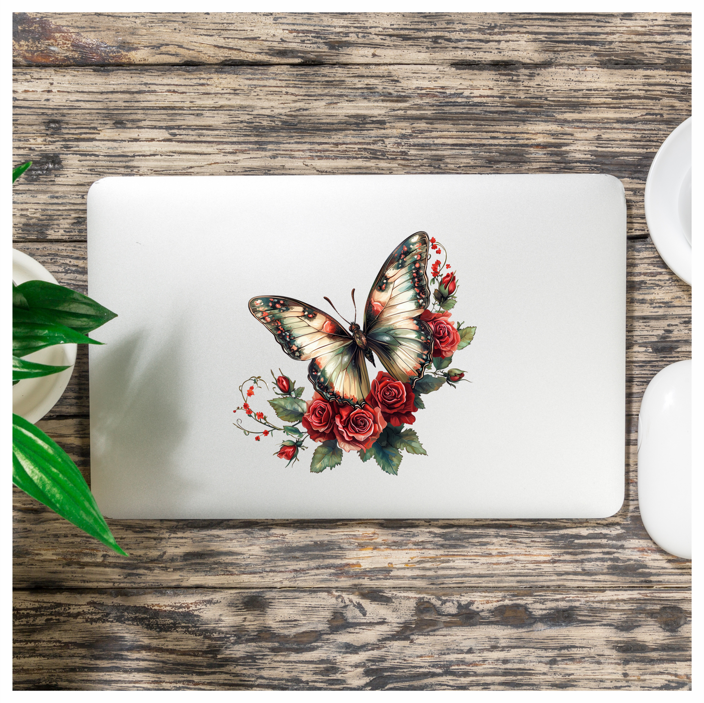 Butterfly Red Roses Green Leaves Vinyl Sticker Decal