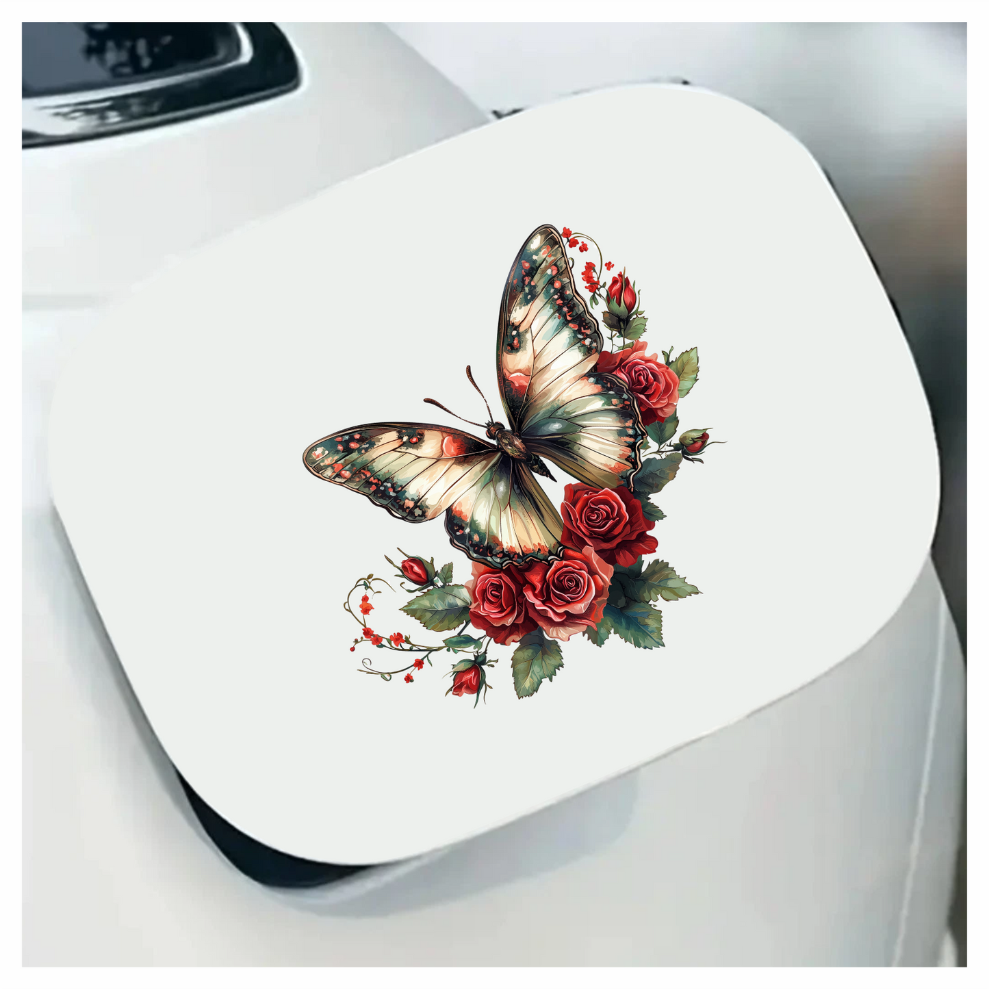 Butterfly Red Roses Green Leaves Vinyl Sticker Decal