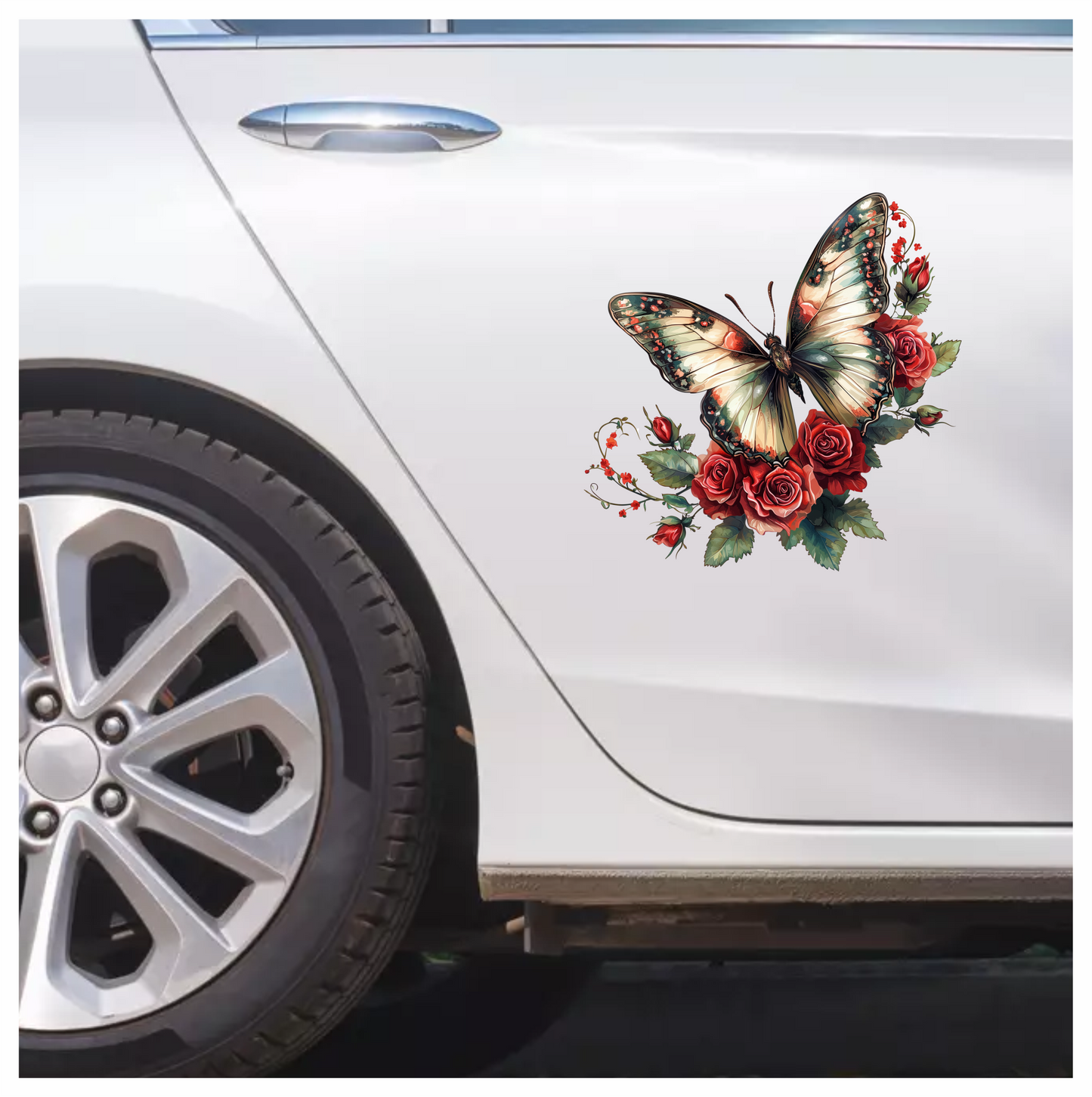 Butterfly Red Roses Green Leaves Vinyl Sticker Decal