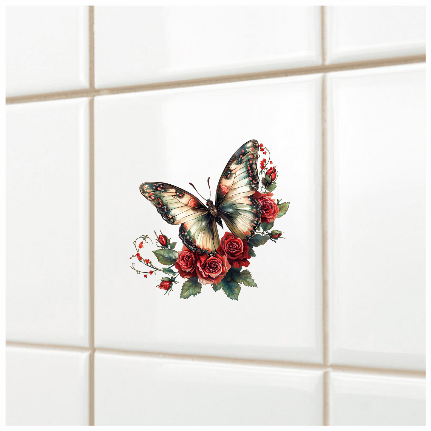 Butterfly Red Roses Green Leaves Vinyl Sticker Decal