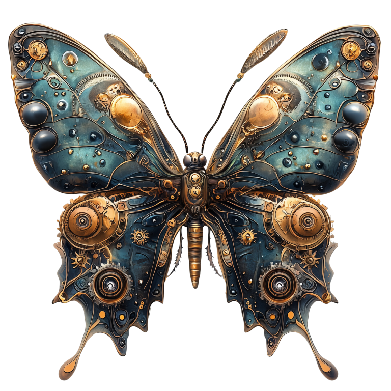 Blue Butterfly Steampunk Mechanical Metallic Vinyl Sticker Decal