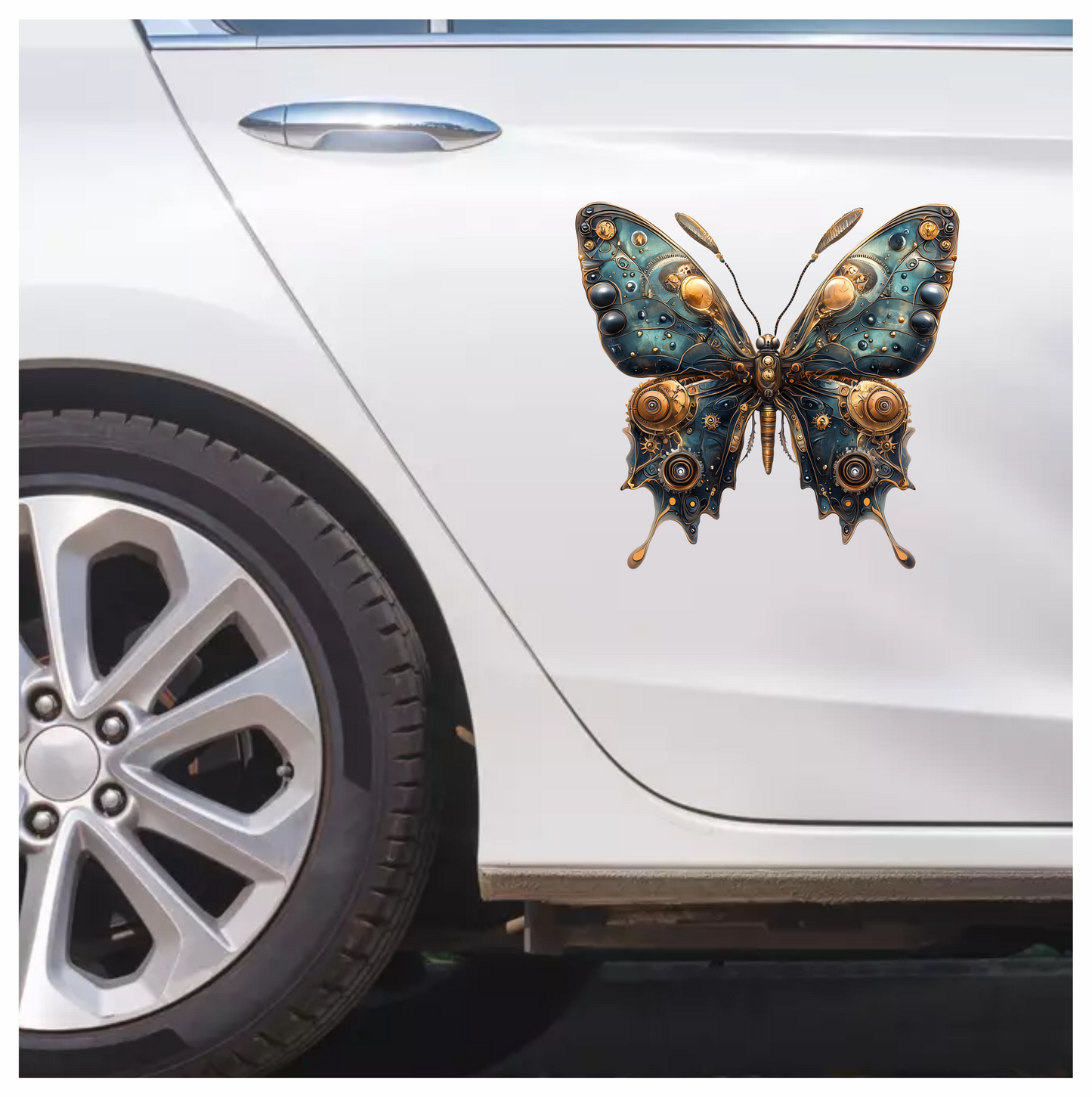Blue Butterfly Steampunk Mechanical Metallic Vinyl Sticker Decal
