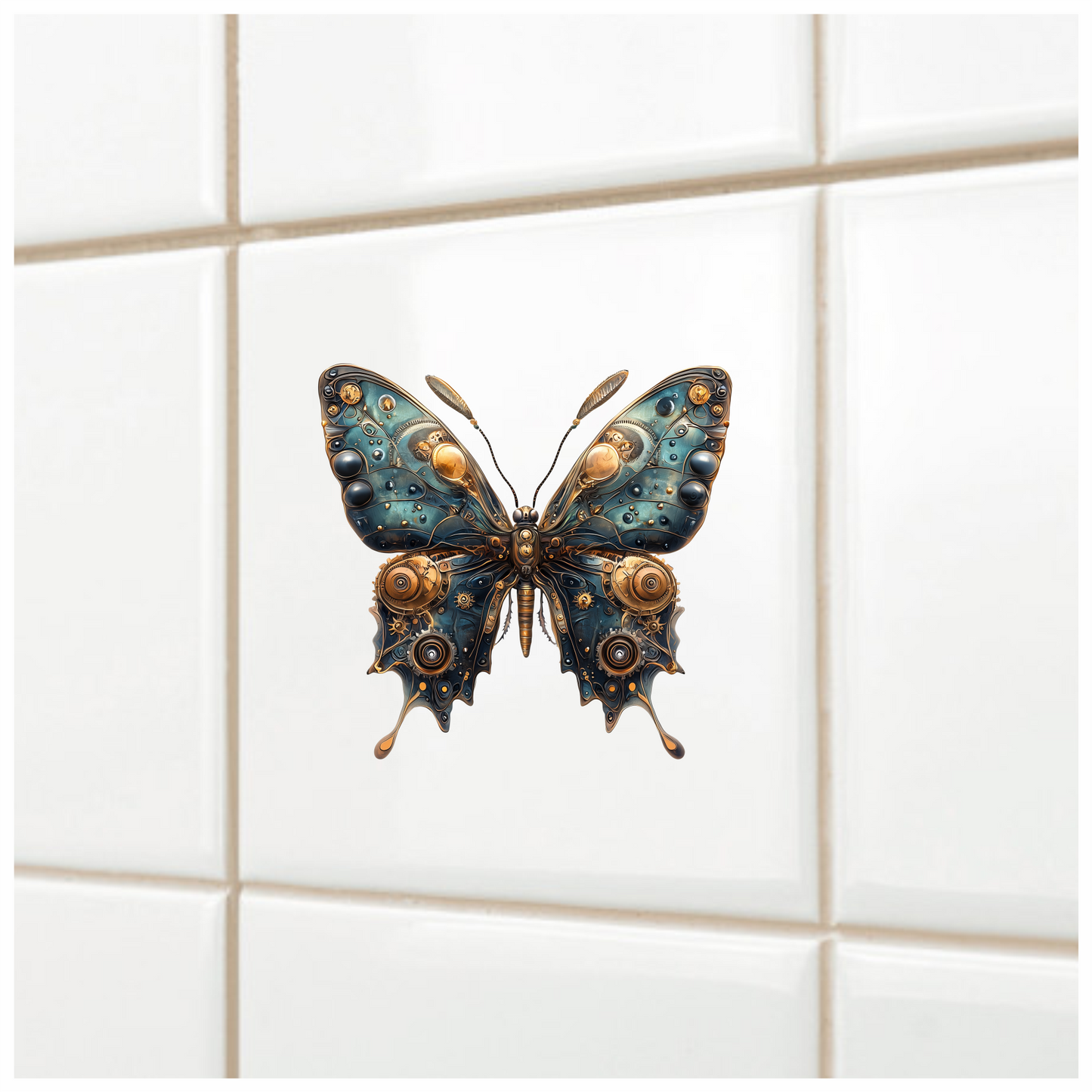 Blue Butterfly Steampunk Mechanical Metallic Vinyl Sticker Decal