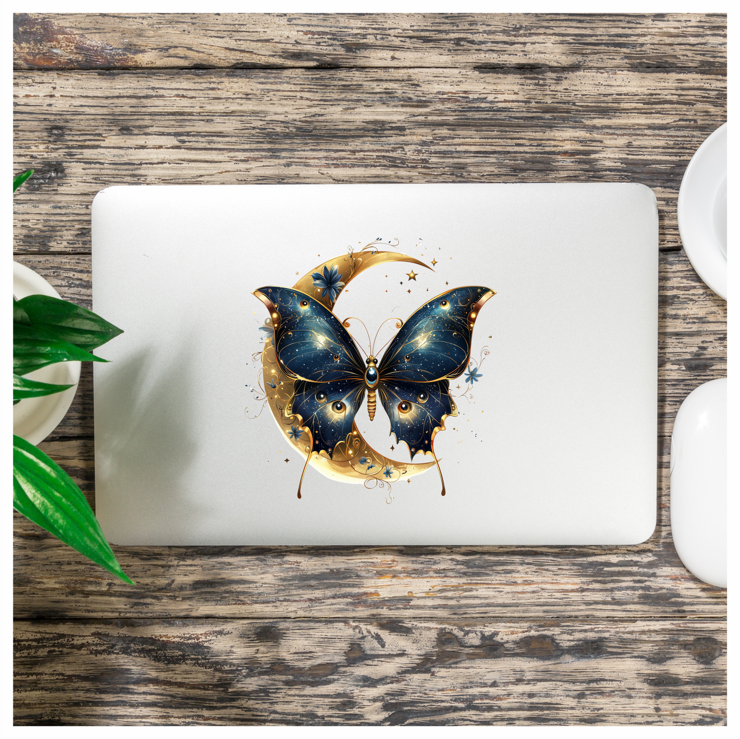 Blue Butterfly Moon Night Stars Flowers Vinyl Sticker Decal