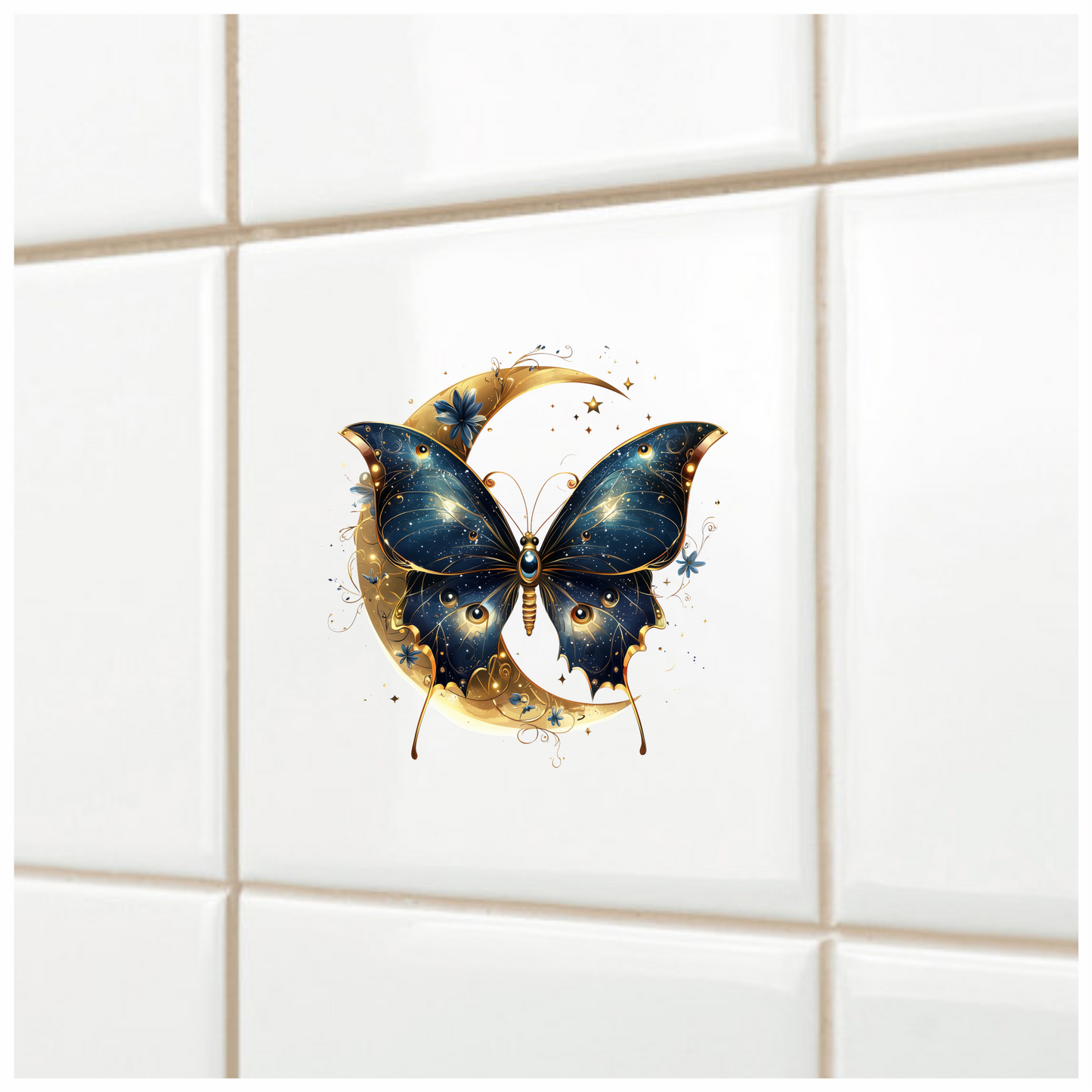 Blue Butterfly Moon Night Stars Flowers Vinyl Sticker Decal