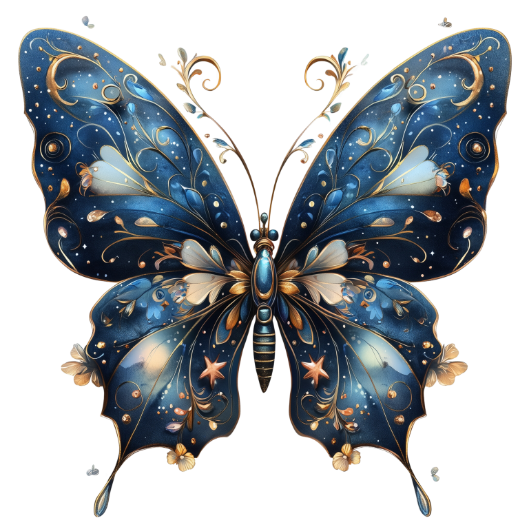 Blue Butterfly Intricate Wings Flowers Stars Vinyl Sticker Decal