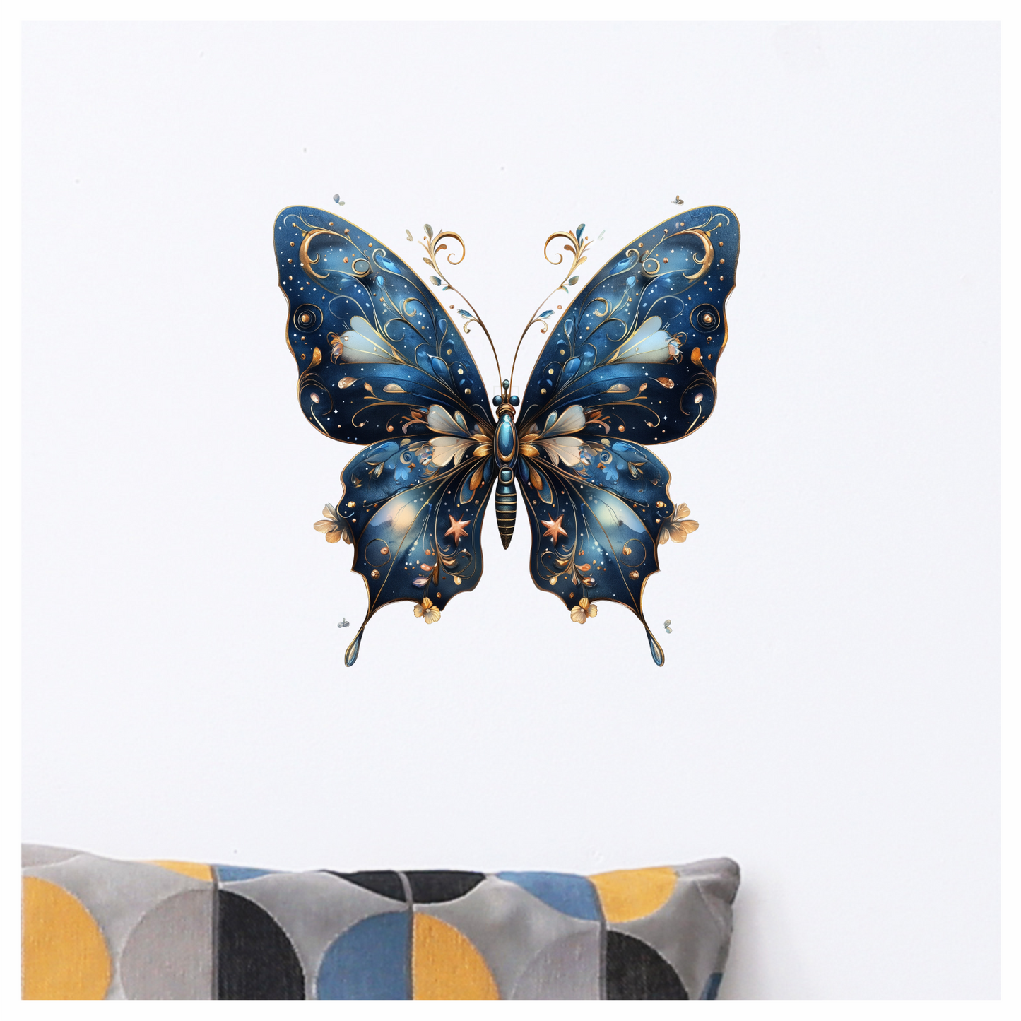 Blue Butterfly Intricate Wings Flowers Stars Vinyl Sticker Decal