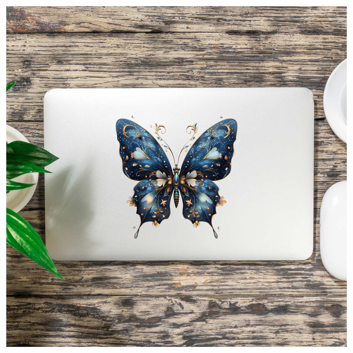 Blue Butterfly Intricate Wings Flowers Stars Vinyl Sticker Decal