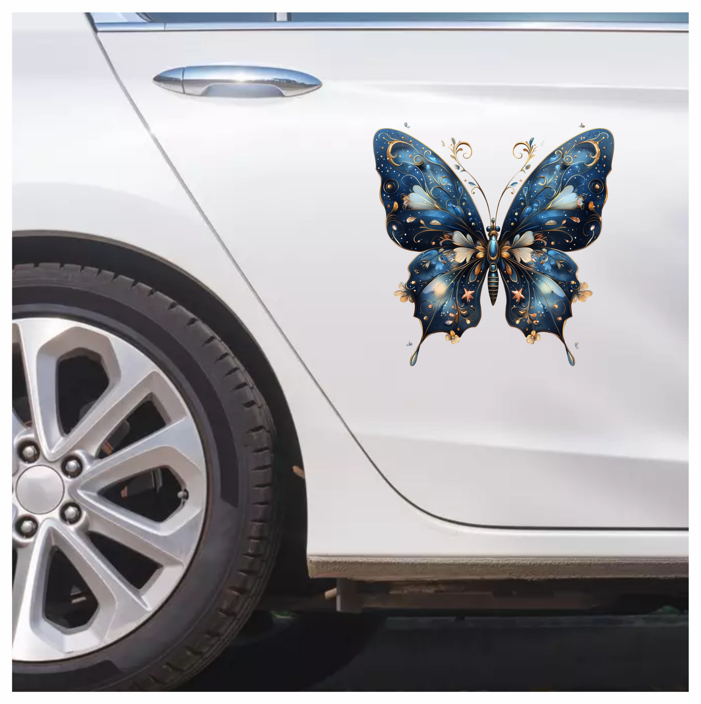 Blue Butterfly Intricate Wings Flowers Stars Vinyl Sticker Decal