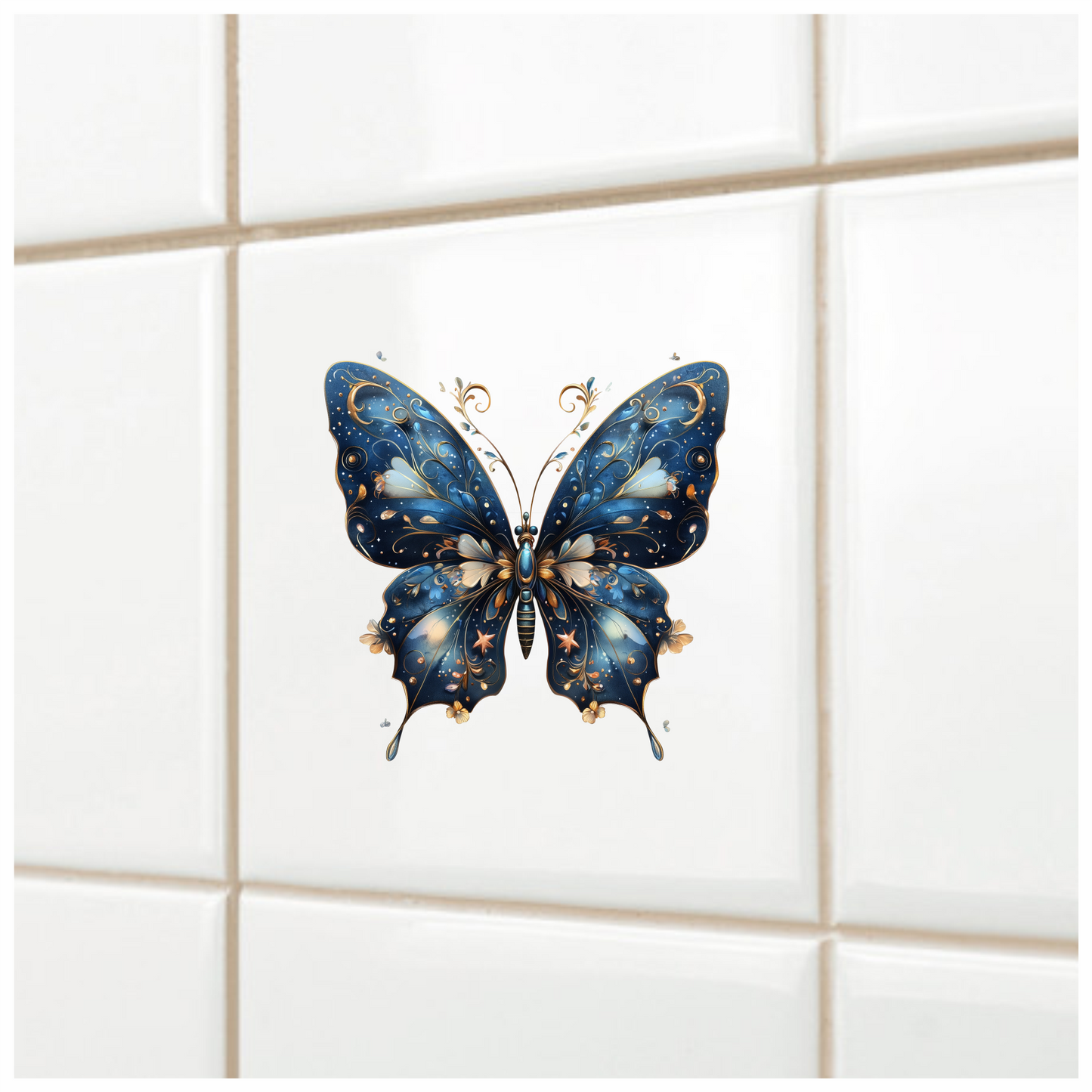 Blue Butterfly Intricate Wings Flowers Stars Vinyl Sticker Decal