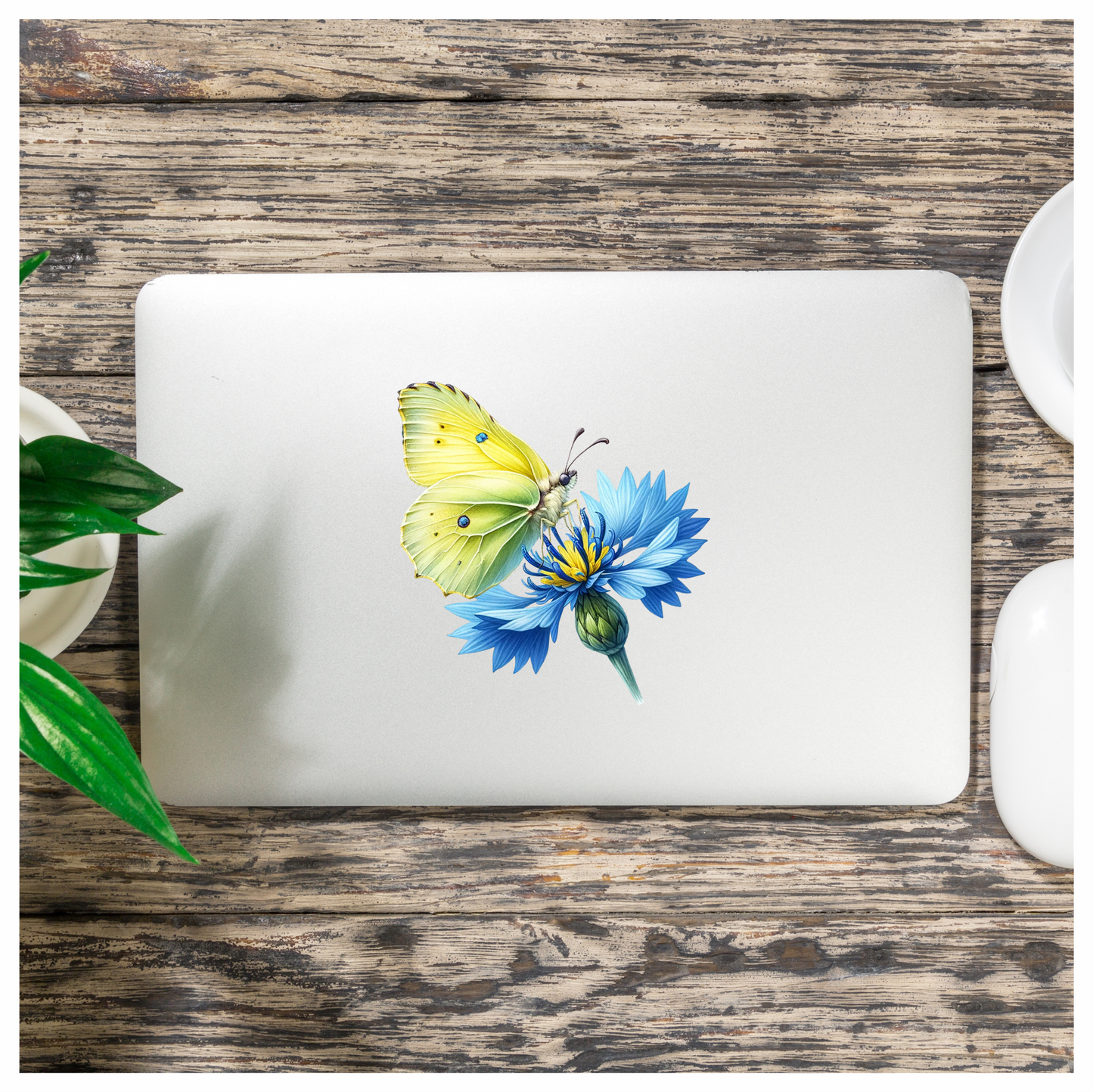 Yellow Butterfly Blue Flower Vinyl Sticker Decal